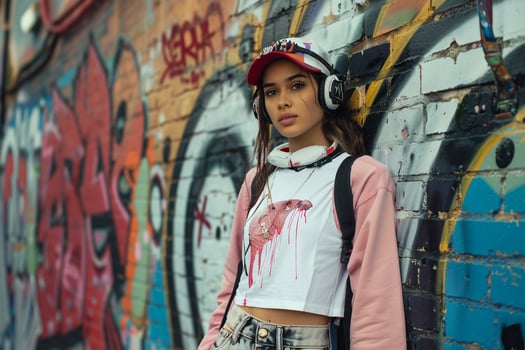 Graffiti Wall Background with Trendy Streetwear Model photo