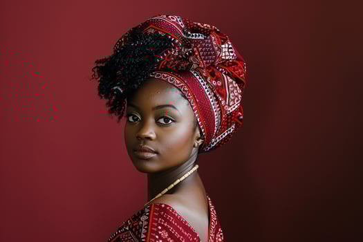 Portrait of an African woman in traditional attirerich burgundy background showcasing cultural heritage photo