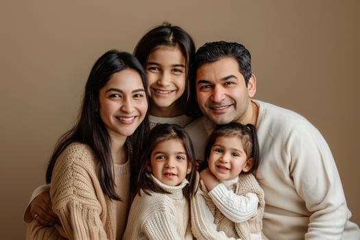Loving family portrait beige tone background warm interactions photo
