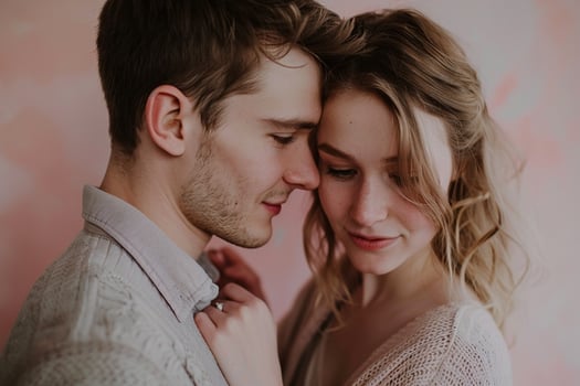 Heartwarming portrait of couple pastel background tender interactions photo