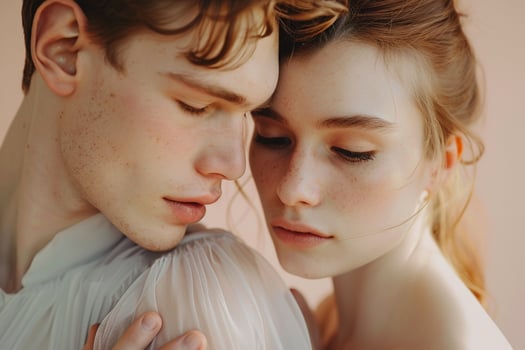 Tender portrait of couple pastel background heartfelt interactions photo