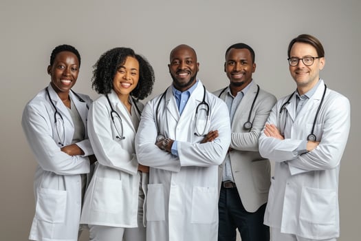 Physician with medical team light brown background professional and presentation photo