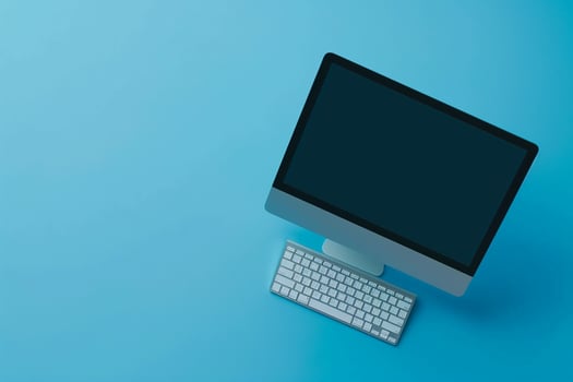 Desktop computer mockup with blank screen on tech inspired background photo