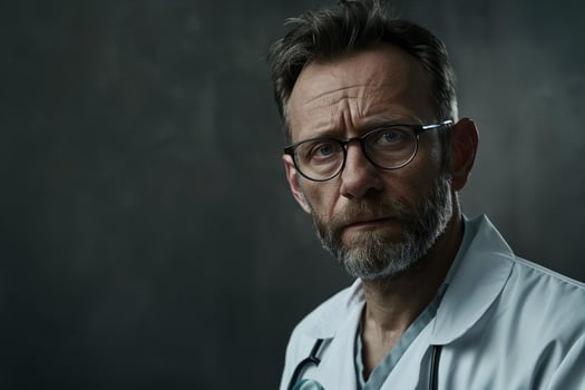 Doctor Displaying Thoughtful Expression While Reing Patient Information photo