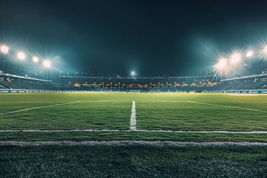 Wide   of Soccer Field with Stadium Lights On and Empty Stands Highlighting a Vast and Open Sports Arena photo