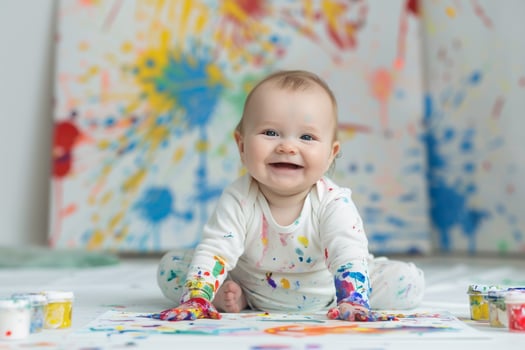 Baby with Paints and Canvas Exploring Artistic Creativity in a Fun and Engaging Way photo