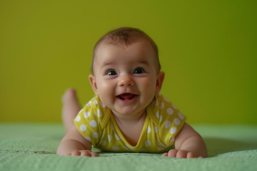 Baby with Lime Background Smiling and Happy photo