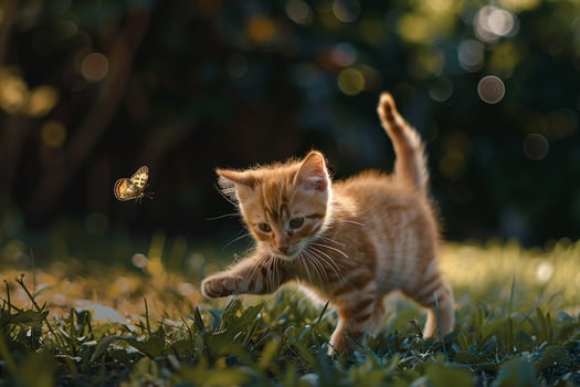 Tabby Kitten Chasing Butterfly in Garden Energetic Fun photo