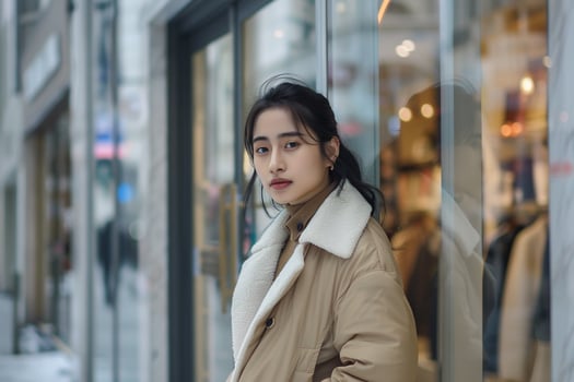 Trendy Urban Portrait with Fashion Boutique Storefront photo