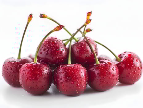 Vibrant Red Cherries with Glistening Dew Drops on a Crisp White Background photo