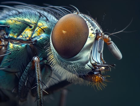 Macro Photograph of Housefly Compound Eyes Iridescent Wing Veins Crisp Clarity Vintage Scientific photo