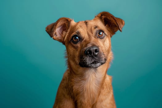 Joyful dog with a curious expression setstriking turquoise background photo
