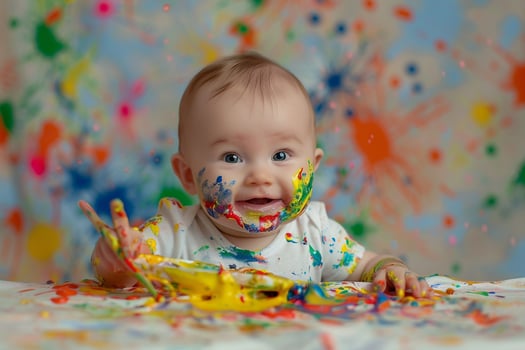 Baby painting with splashes of  on canvas in a  and engaging manner photo