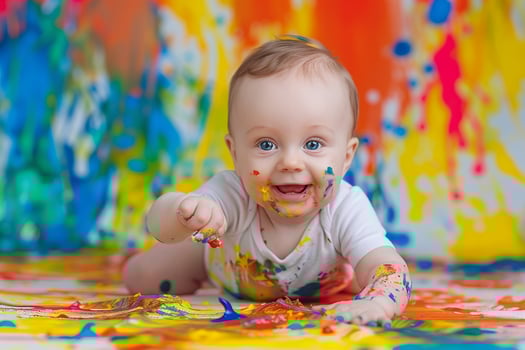 Baby painting with  splashes on canvas in a  and expressive style photo