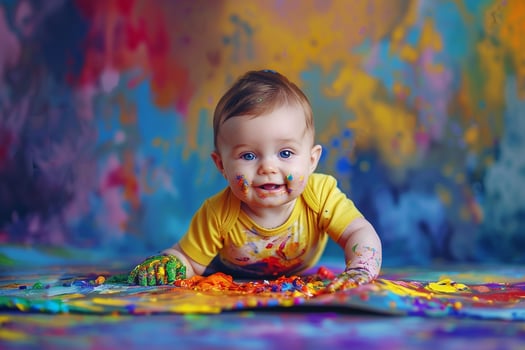 Baby painting with  splashes on canvas in a lively and artistic manner photo