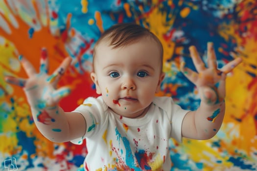 Baby painting with  splashes on canvas showcasing artistic creativity photo