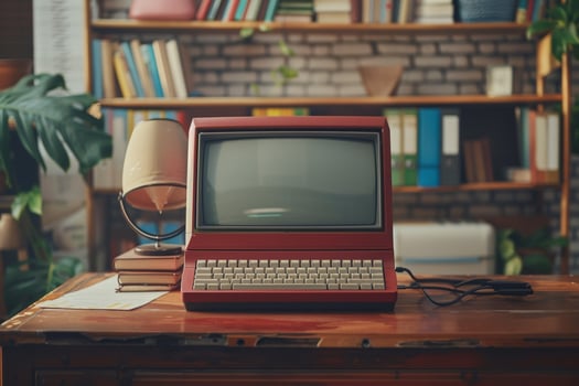 Classic Retro Style Desktop Computer Mockup with Tech Background photo