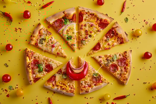 Playful Pizza Slices Forming a Smiley Face with Whimsical Toppings and Fresh Ingredients Background photo