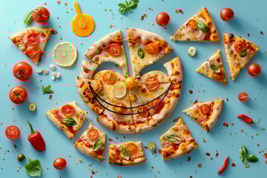 Joyful Pizza Slices Arranged in a Smiley Face with  Toppings and Fresh Ingredients Background photo