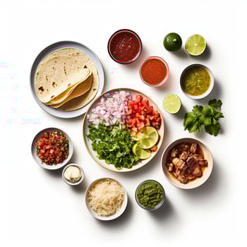 The ingredients for a taco salad are arranged in bowls photo