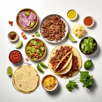 A variety of tacos and other ingredients are arranged on a white surface photo