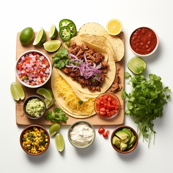 Tacos, salsa, corn, tomatoes, and other ingredients are arranged on a cutting board photo
