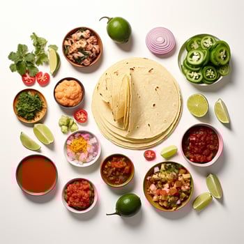 Taco ingredients arranged in bowls on a white surface photo
