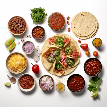Taco ingredients arranged in bowls on a white surface photo