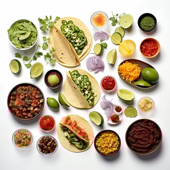 A variety of tacos and other ingredients arranged on a white surface photo