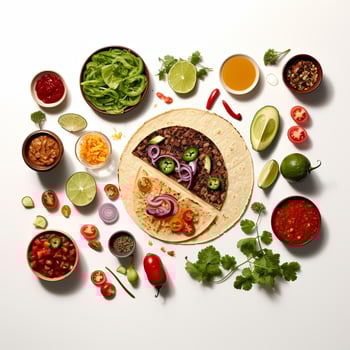 Taco with black beans, tomatoes, onions, cilantro, lime, and other ingredients photo