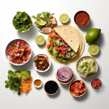 A white table with various ingredients including a taco, lettuce, tomatoes, onions, and other ingredients photo