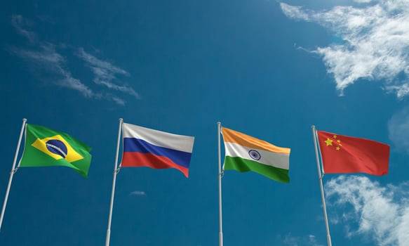 Flag bric brazil russia india china country south africa national blue sky background copy space dilpomacy politic government international global business rade agreement summit cooperation alliance photo