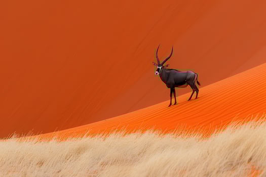 Lone antelope with long, elegant horns standing amidst the sprawling sand dunes of a vast desert, showcasing the raw beauty and serenity of nature. photo