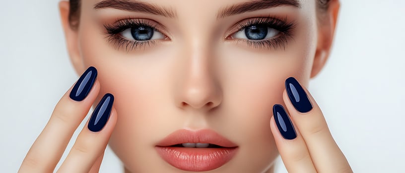 Close-up of a woman's face, focusing on her blue eyes and dark nail polish. photo