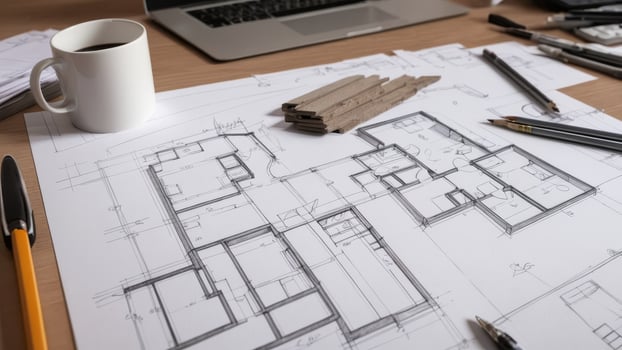 architectural plan. construction site, pencils and blueprints on a messy table. photo