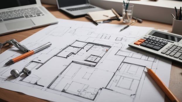 architectural plan. construction site, pencils and blueprints on a messy table. photo