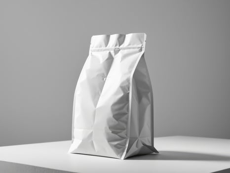 White paper doypack placed on podium on empty background. photo
