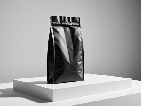 Black paper doypack placed on podium on empty background. photo