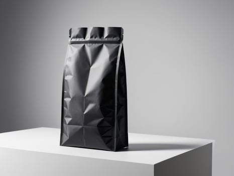 Black paper doypack placed on podium on empty background. photo