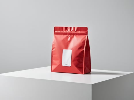 red paper doypack placed on a podium on an empty background. photo