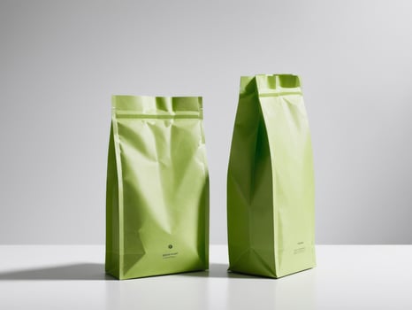 Green paper doypack placed on podium on empty background. photo