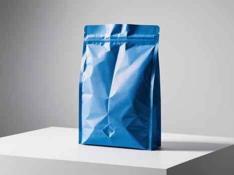 Blue paper doypack placed on podium on empty background. photo
