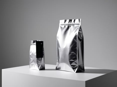 silver paper doypack placed on a podium on a blank background. photo