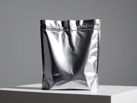 silver paper doypack placed on a podium on a blank background. photo