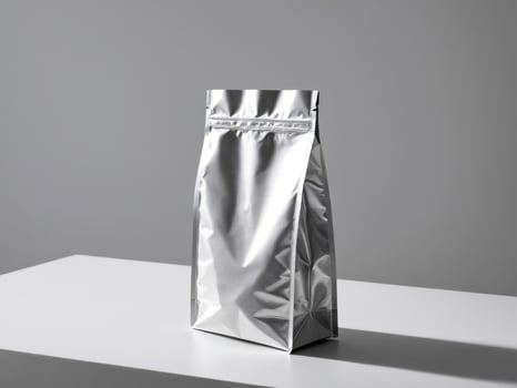 silver paper doypack placed on a podium on a blank background. photo