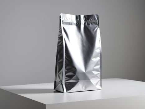 silver paper doypack placed on a podium on a blank background. photo
