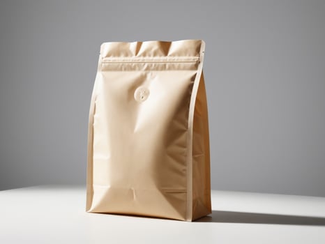 cream paper doypack placed on a podium on an empty background. photo
