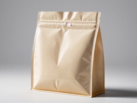 cream paper doypack placed on a podium on an empty background. photo