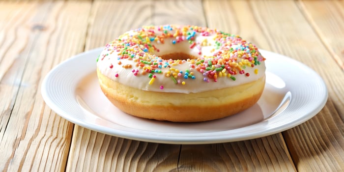 Donut on white plate, against background of wooden surface, generated by AI. photo