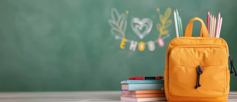 Bright Yellow Backpack On Desk In Classroom With Whiteboard And School Supplies photo